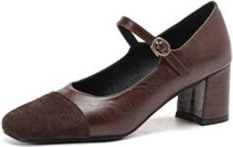 Generic Womens Retro Square Toe Mary Janes Chunky Block Heels PU Leather Upper Adjustable Buckle Comfortable Non-Slip Work Casual Daily Shoes,Brown,5.5 UK