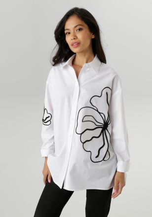 Aniston Hemdbluse ANISTON SELECTED, Damen, Gr. 38, schwarz (wei&szlig; mit schwarzer bord&uuml;ren), Web, Obermaterial: 100% Baumwolle, bestickt, l&auml;ssig geschnitten Po-b