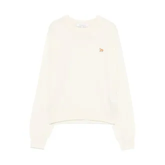 Maison Kitsun&eacute; Round-neck Knitwear, female, Beige, Size: XS Fox Embroidered Sweater