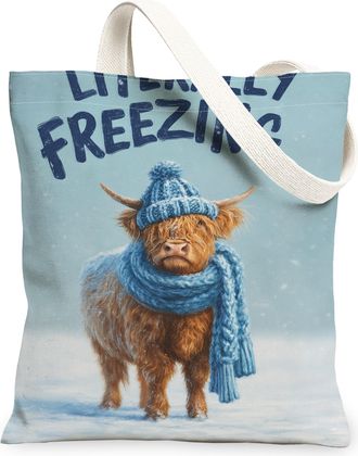 Generic Winter Animal Canvas Tote Bags, Highland Cow Design Lightweight Washable Reusable Grocery Bags for Outdoor Travel Beach Pic, Blue, 13x15 Inch