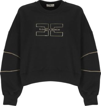 Elisabetta Franchi Black Cropped Embossed Gold Logo Cotton Sweatshirt