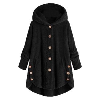 Generic Plus Size Fleece Bed Jacket for Women Soft Fuzzy Button Hooded Lightweight Winter Lounge Coat Outerwear (Black,5XL)