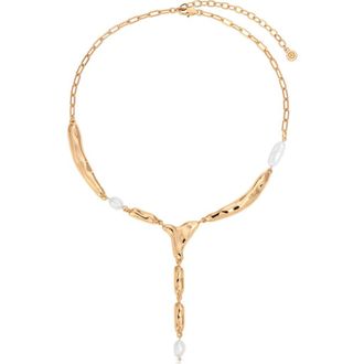 Ettika Liquid Metal & Freshwater Pearl Y-Necklace in Gold at Nordstrom