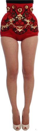 Dolce & Gabbana Bloemrijk geborduurde hoge taille shorts - Dames - Bermuda - Rood - S - Korte Broeken