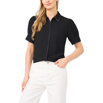 CeCe by Cynthia Steffe Contrast Tipped Georgette Button-Up Top in Rich Black at Nordstrom, Size X-Large