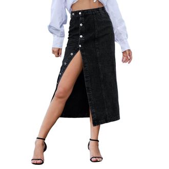 Generic Denim Skirt Long with Slit Front with Button Placket, Womens Denim Maxi Skirt, Elegant with Pockets, Summer Skirt, Stretch Denim Midi Skirt, Elastic S