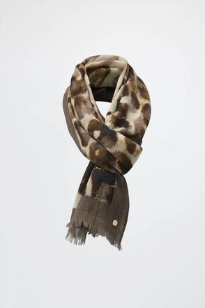 Joseph Ribkoff Abstract Print Fringe Scarf In Beige/black