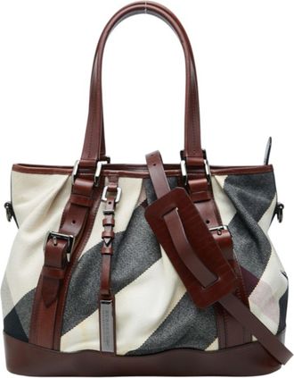 Burberry Beige Brown Canvas Leather Shoulder Bag Tote Bag (Pre-Owned)