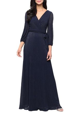 Alex Evenings Metallic Micro Pleated Mesh Gown in Dark Navy at Nordstrom, Size 14
