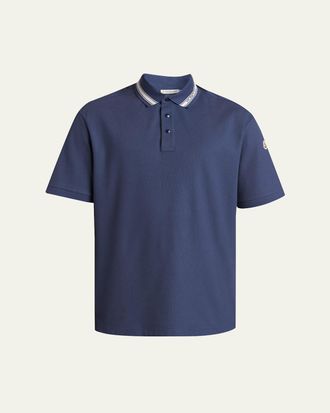 Moncler Mens Stripe-Trim Cotton Pique Polo Shirt