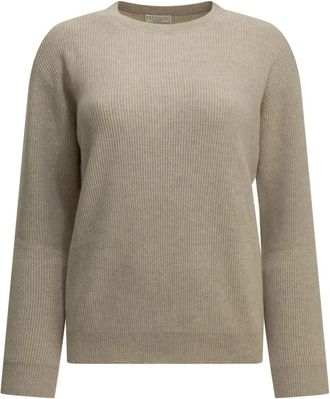 Brunello Cucinelli Ribbed Crewneck Sweater - Dames - Cashmere truien - Beige - S - Kasjmier - Truien & Vesten