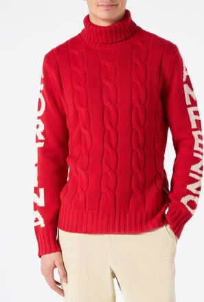 MC2 Saint Barth Man Turtleneck Braided Sweater With Cortina Ampezzo Print