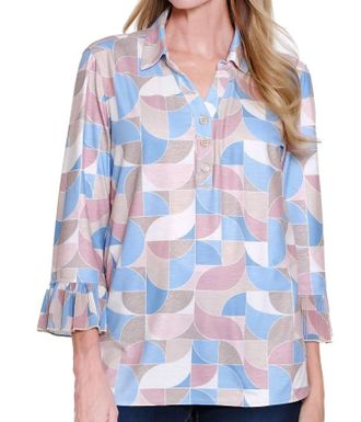 Multiples Pleated Flounce Three Quarter Sleeve Y-Neck Collar Pull Over Top In Circles Print