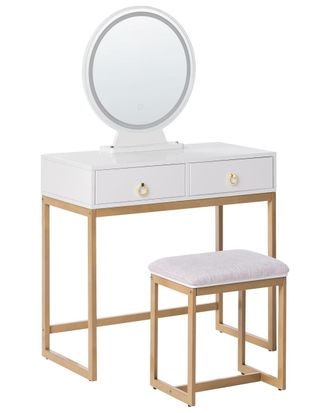 Beliani Tocador con espejo y taburete led blanco