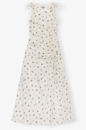 Ganni White Satin Gathered Dress - Size 10/12 Viscose