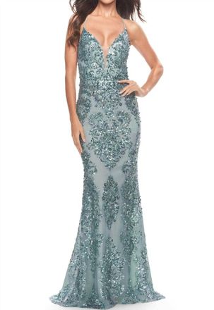 La Femme Patterned Sequin Plunging Prom Gown In Sea Mist