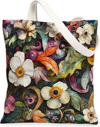 Generic Spring Anemones Flower Canvas Tote Bag for Shopping 13x15, Quilled Style Florals Reusable Grocery Print Bag for Women, Cool Aesthetic Beach Aesthetic 