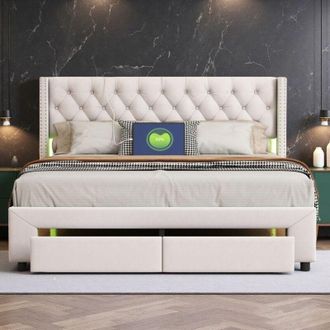 OEM Cama Doble 140x190 - Cama Con Cofre Y Cajones - Terciopelo Blanco - Led Rgb - 2 Puertos Usb