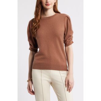 Nordstrom Ruched Short Sleeve Cashmere Sweater in Brown Clove at Nordstrom, Size Xx-Large