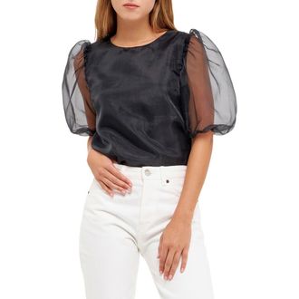 English Factory Sheer Puff Sleeve Organza Top in Black at Nordstrom Rack, Size X-Small