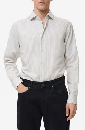 Mango Slim Fit Stripe Cotton Button-Up Shirt in Light Heather Grey at Nordstrom, Size X-Large
