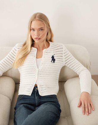 Polo Ralph Lauren Cardigan in maglia bianco con logo