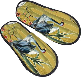 Generic Camping Slippers Cranes Birds Yellow Warm House Slippers Furry Cotton Slipper For Room Hotel Holiday L