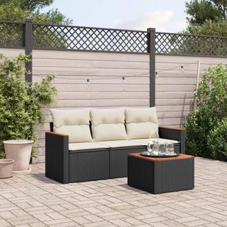 vidaXL Juego De Sof&aacute;s Jard&iacute;n 4 Pzas Con Cojines Rat&aacute;n Sint&eacute;tico Negro Vidaxl