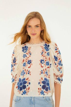 Farm Rio Renata Floral Sand Blouse In White Multi