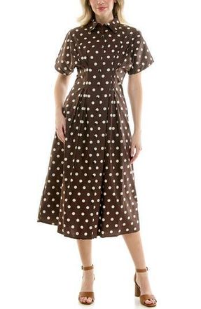 Nicole Miller Polka Dot Pintuck Waist Midi Shirtdress in Coffee Bean Dot at Nordstrom Rack, Size 12