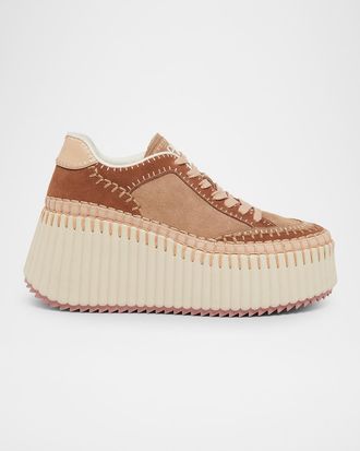 Chlo&eacute; Nama Mixed Leather Stitch Platform Sneakers