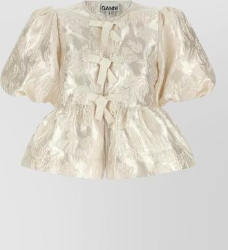 Ganni satin jacquard peplum short-sleeve blouse