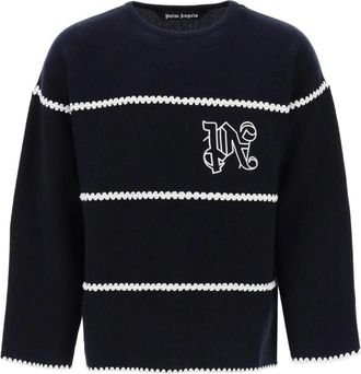 Palm Angels Geborduurd Gebreide Trui - Heren - Ronde hals truien - Blauw - L - Wol - Truien & Vesten