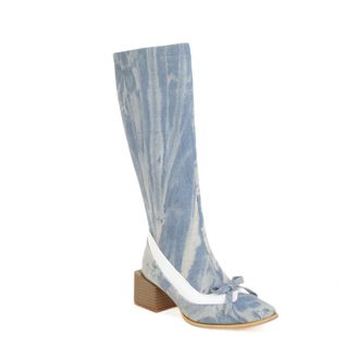 Generic Womens Retro Bow Embellished Knee High Shoes Pointed Toe Block Heel Two Tone Synthetic Leather Comfortable Non Slip Durable for Daily Street Party Wea