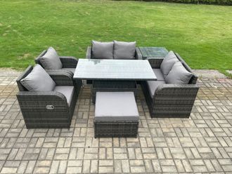 Fimous Rattan Furniture Outdoor Garden Dining Set Patio Height Adjustable Rising lifting Table Chair With Side Table in Dark Grey