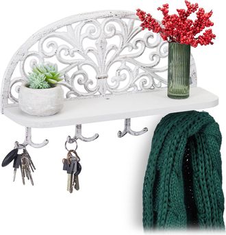 Relaxdays Relaxdays - 3 Percheros Pared Con Estante, Colgadores Llaves, Antiguos, Hierro Fundido, 23 X 39 X 11,5 Cm, Blanco