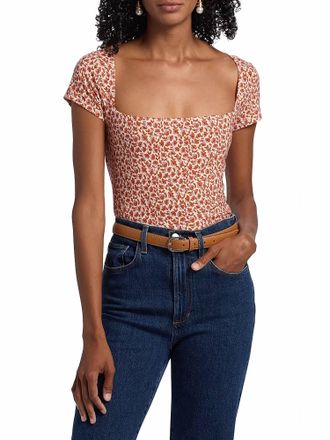 Reformation Bardot Floral Square Neck Top In Mulberry
