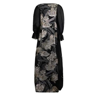 Alberta Ferretti Kleedjes, Dames, Zwart, S, Polyester, Lange jurk met pofmouwen en borduursels