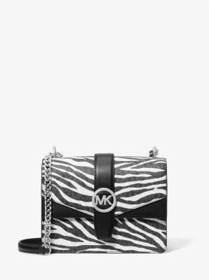 Michael Kors Michael Kors Greenwich Small Print Logo Crossbody Tote Chain Bag Black/White Womens $498