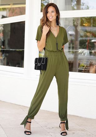 Lascana Womens Short Sleeve V-Neck Jumpsuit, Olive, 2