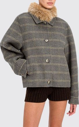 Twinset Check Short Coat in Wool Blend with a Faux Fur Collar