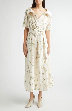 Altuzarra Lydia Stretch Cotton Poplin Wrap Shirtdress in 416102 Ivory Allover Petals at Nordstrom, Size 10 Us