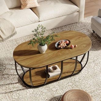 Tribesigns Tribesigns Coffee Table with Storage, 120 cm Industrial Oval Living Room Table, Wooden Center Tea Table with Curved Metal Base for Living Room, Home