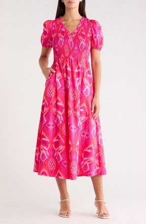 Sugarlips Prissa Ikat Brenty Smocked Midi Dress in Magenta-Coral at Nordstrom, Size X-Large