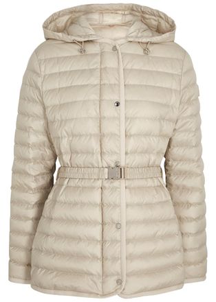 Moncler Womens Large Beige Oredon Hooded Quilted Shell Coat - Detachable Drawstring Hood - 3