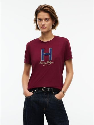 Tommy Hilfiger Womens Plaid H-Logo T-Shirt - Burgundy - XXL
