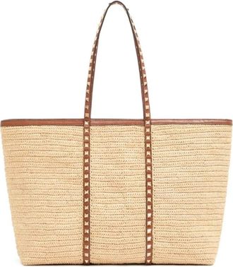 Valentino Rockstud Raffia Tote - Dames - Tassen - Beige - Maat: ONE Size Leer