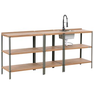 Beliani Conjunto De 3 Islas De Madera De Acacia Para Cocina Exterior Con Fregadero Y Grifo Estantes Encimera De Madera Maciza Acero Inoxidable Marr&oacute;n/negro Iv