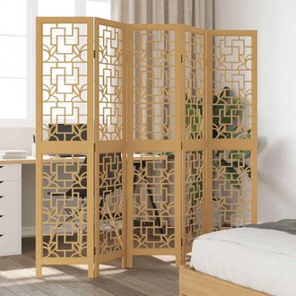 vidaXL Biombo Separador De 5 Paneles Madera Maciza Paulownia Marr&oacute;n Vidaxl