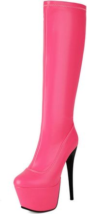 Generic Womens Sexy High Heel Platform Long Boots Round Toe Knee High Boots PU Leather Party Prom Shoes with Side Zipper,Fuchsia,4.5 UK